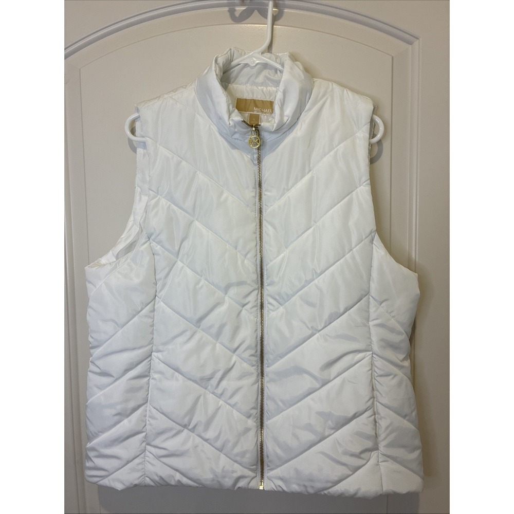 Michael Kors Womens White Chevron Quilted Puffer Vest Gold Zip XL QF420E7954
